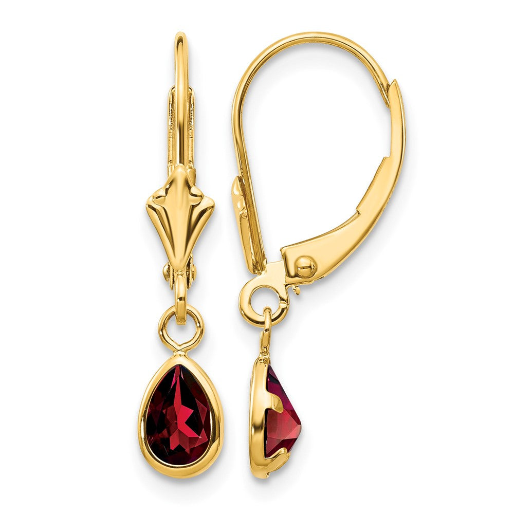 14k 6x Pear Bezel January/Garnet Leverback Earrings