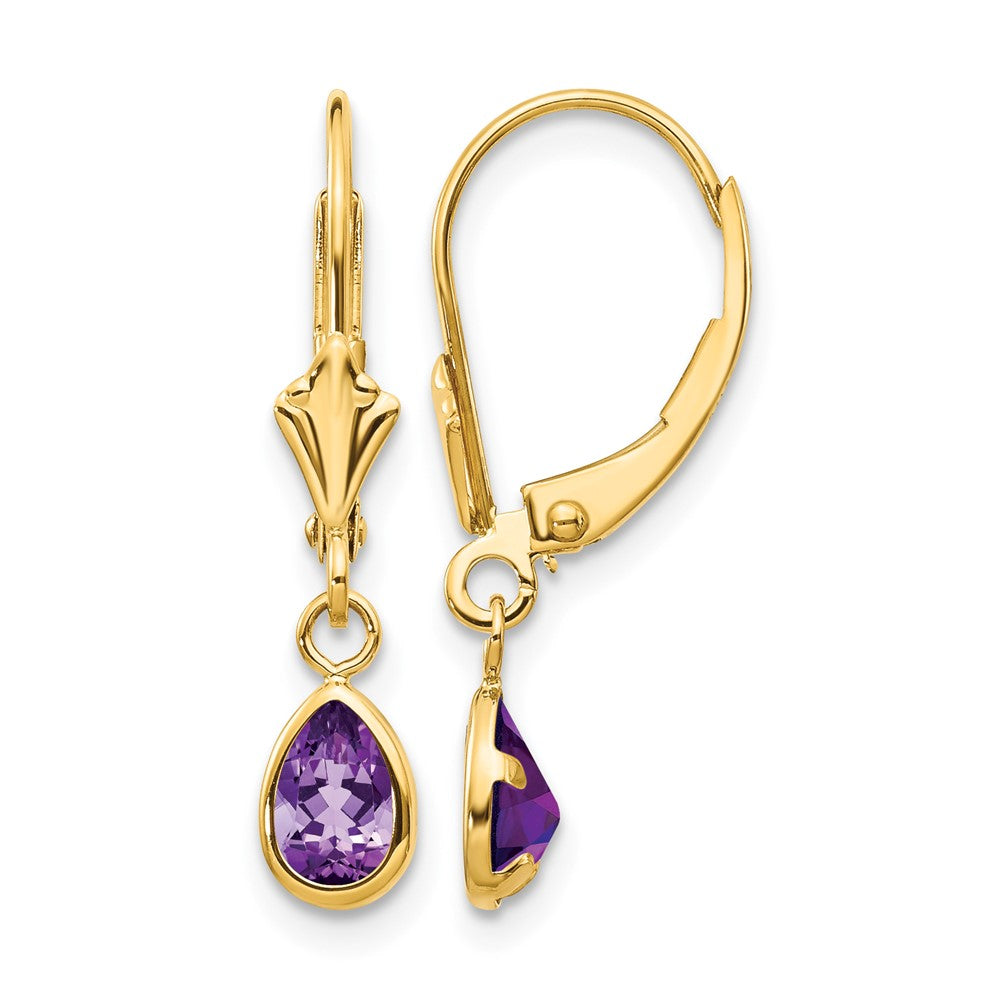 14k 6x Pear Bezel February/Amethyst Leverback Earrings