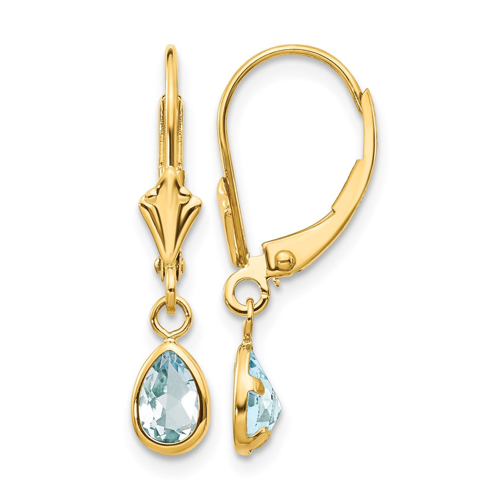14k 6x Pear Bezel March/Aquamarine Leverback Earrings