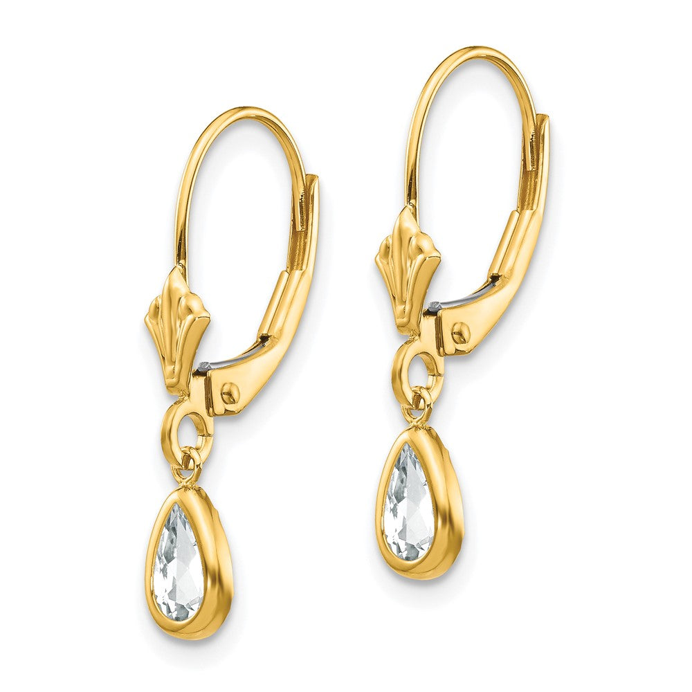 14k 6x Pear Bezel April/White Topaz Leverback Earrings