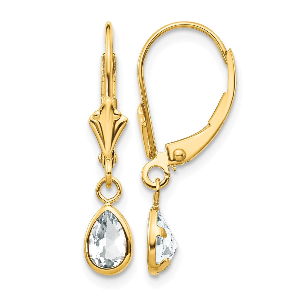 14k 6x Pear Bezel April/White Topaz Leverback Earrings