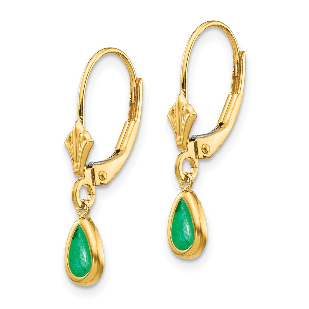 14k 6x Pear Bezel May/Emerald Leverback Earrings