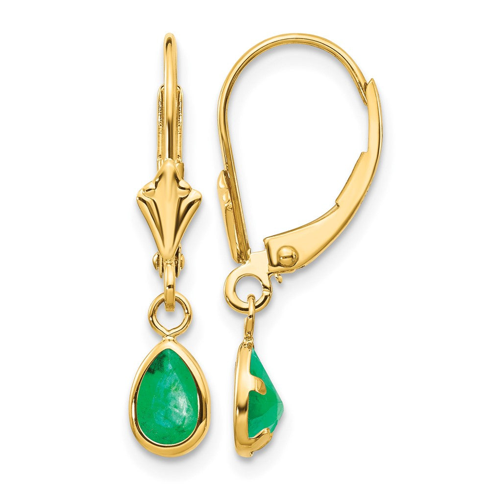 14k 6x Pear Bezel May/Emerald Leverback Earrings