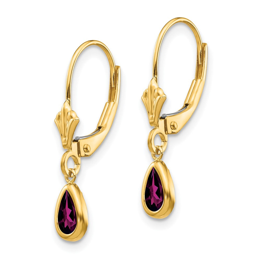 14k 6x Pear Bezel June/Rhodolite Garnet Leverback Earrings