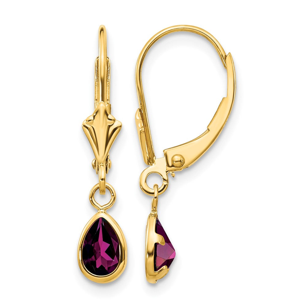 14k 6x Pear Bezel June/Rhodolite Garnet Leverback Earrings
