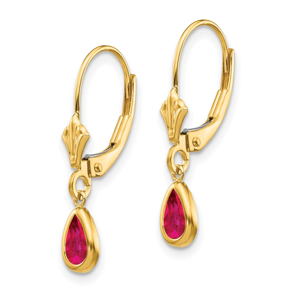 14k 6x Pear Bezel July/Ruby Leverback Earrings
