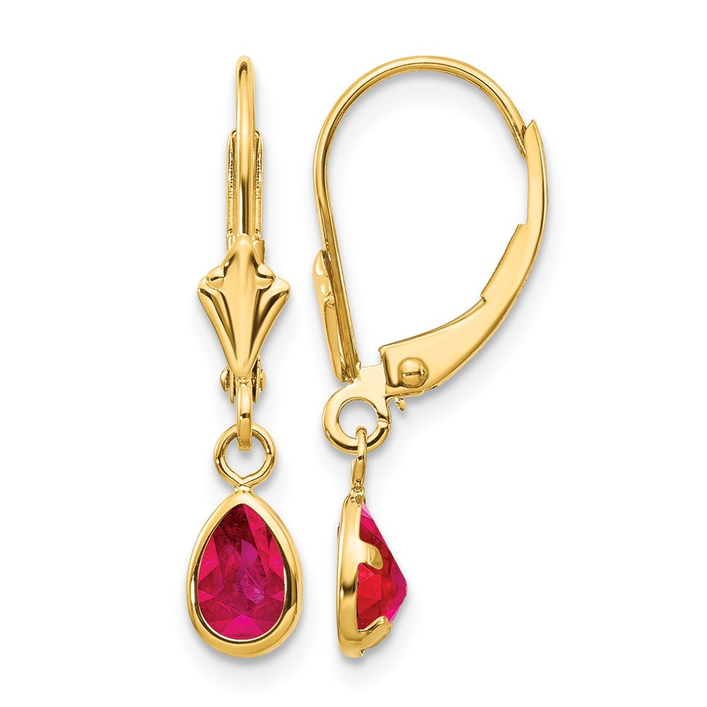 14k 6x Pear Bezel July/Ruby Leverback Earrings