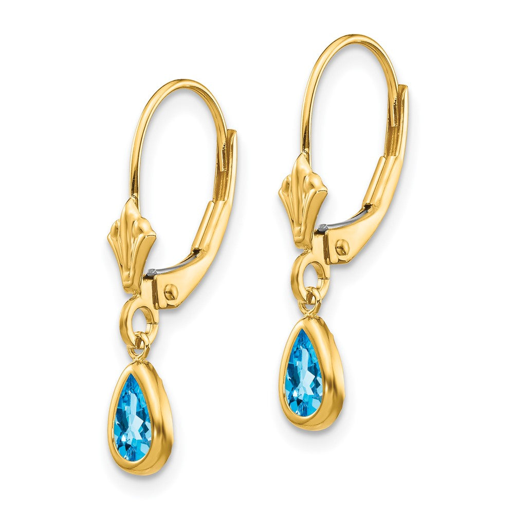 14k 6x Pear Bezel December/Blue Topaz Leverback Earrings