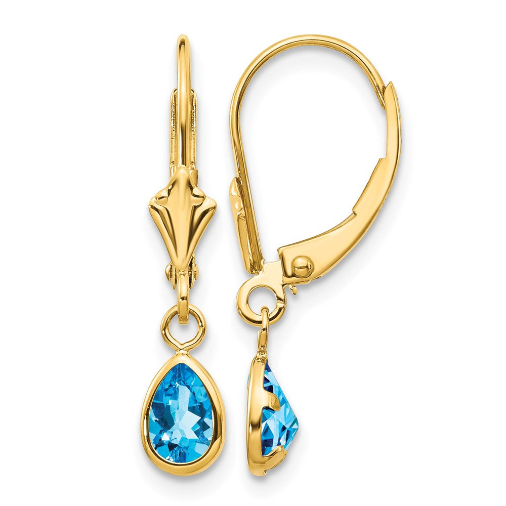 14k 6x Pear Bezel December/Blue Topaz Leverback Earrings