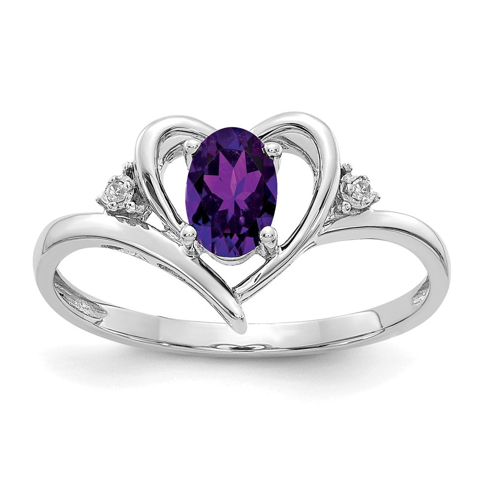 14k White Gold 6x4 Oval February/Amethyst and Diamond Heart Ring
