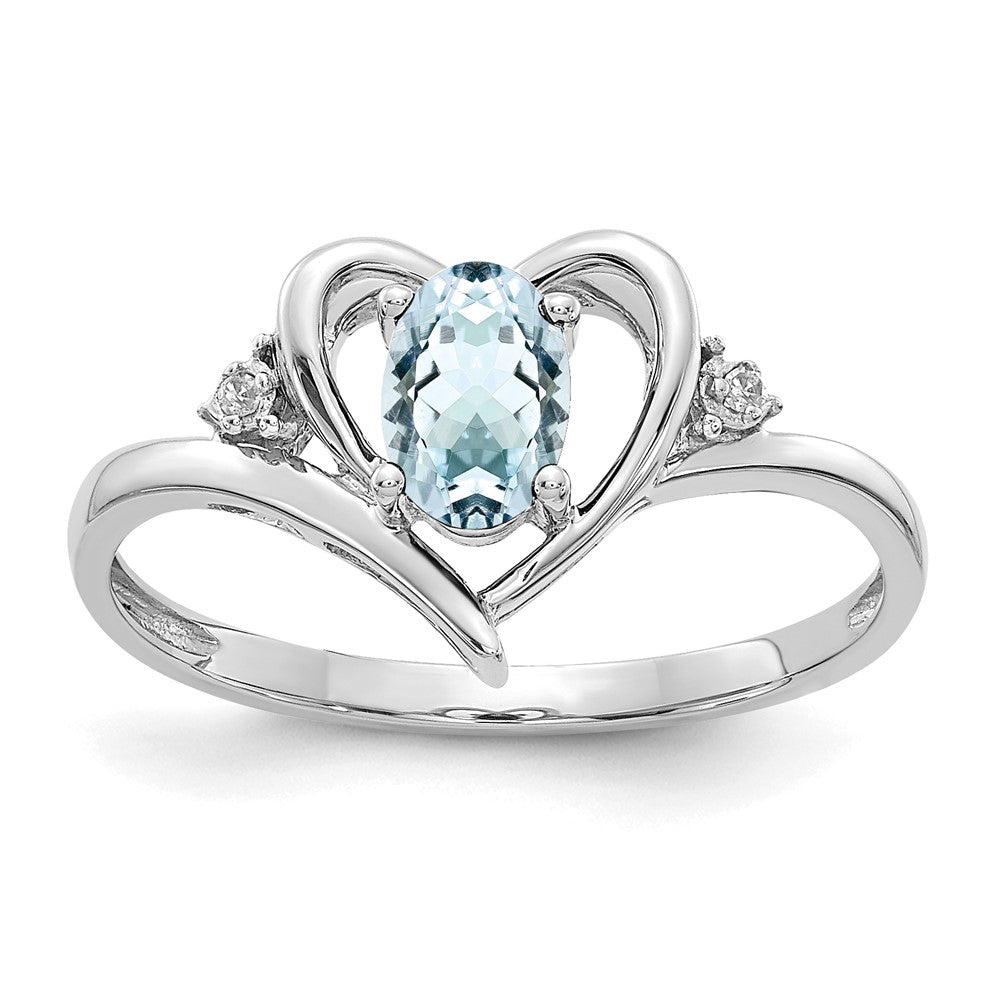 14k White Gold 6x4 Oval March/Aquamarine and Diamond Heart Ring