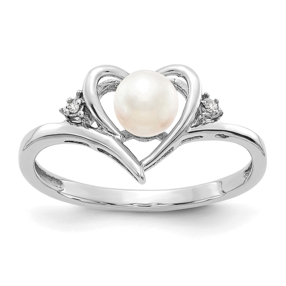 14k White Gold FW Cultured Pearl and Diamond Heart Ring