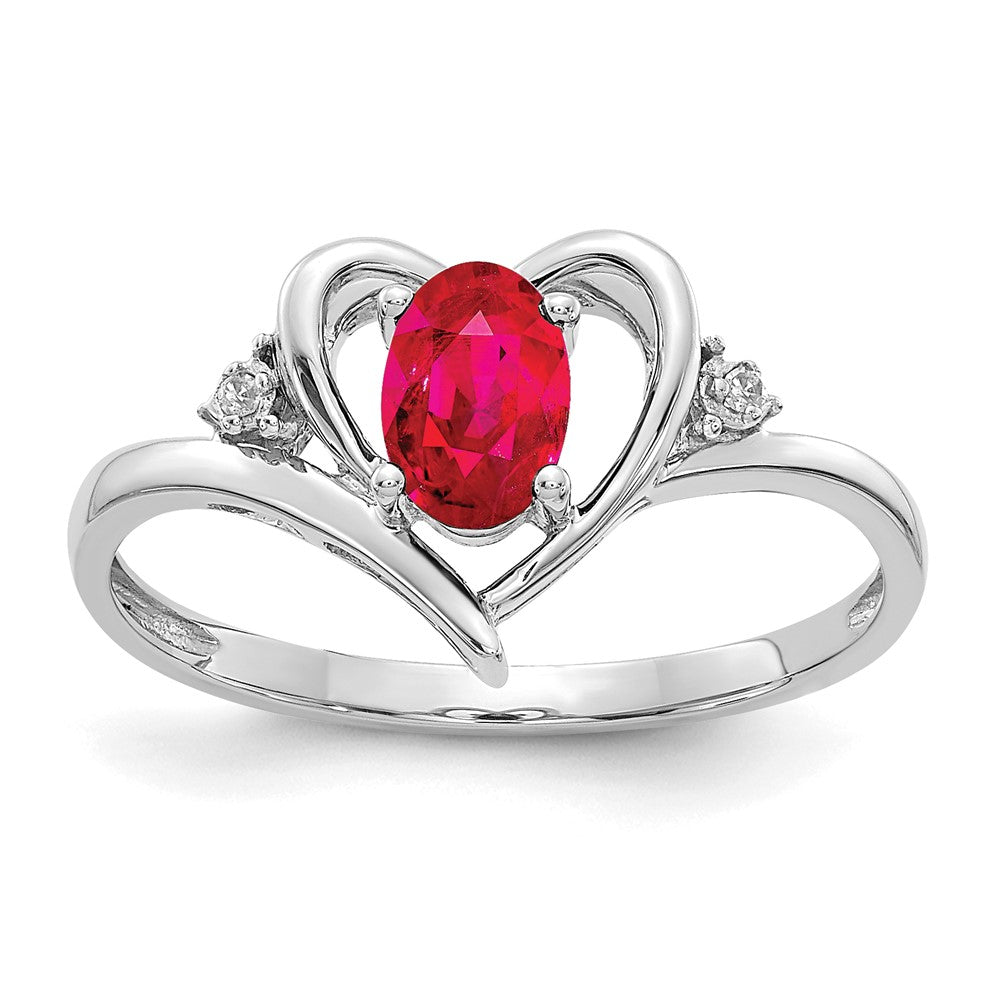 14k White Gold 6x4 Oval July/Ruby and Diamond Heart Ring