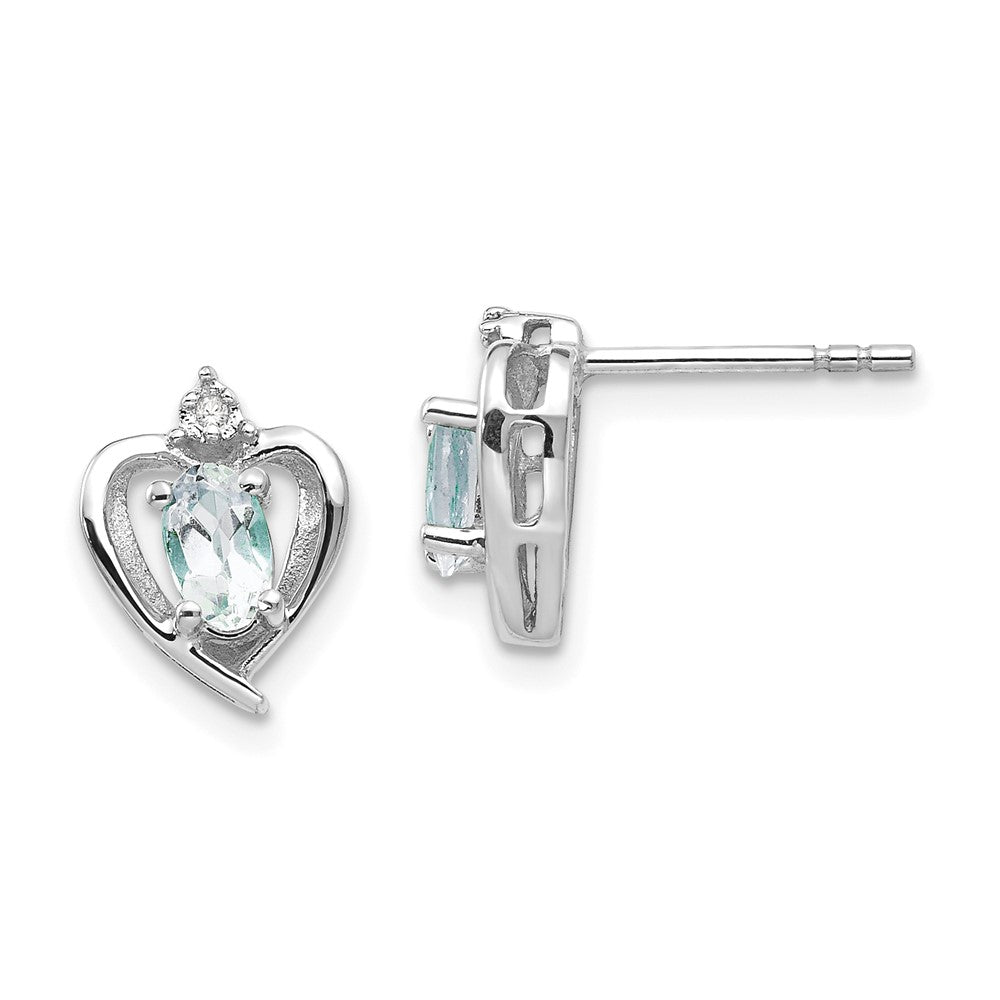 14k White Gold 5x3 Oval March/Aquamarine and Diamond Heart Earrings
