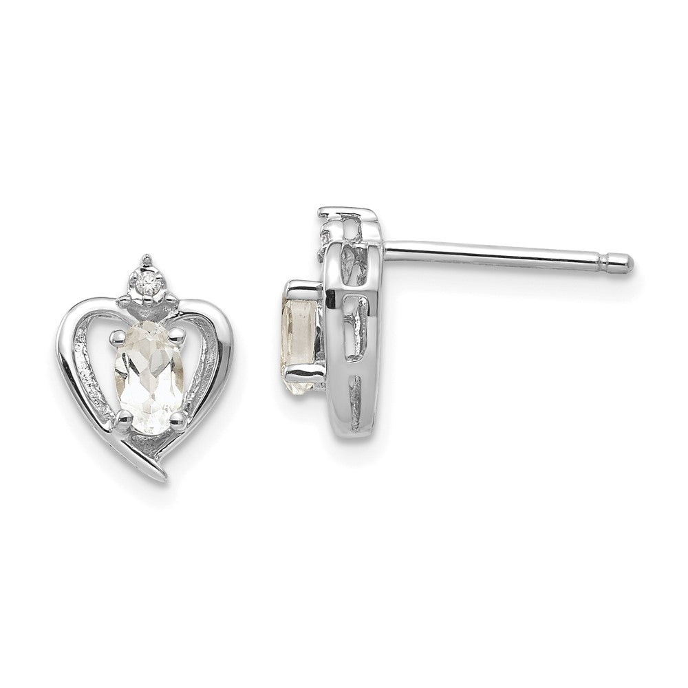 14k White Gold 5x3 Oval April/White Topaz and Diamond Heart Earrings