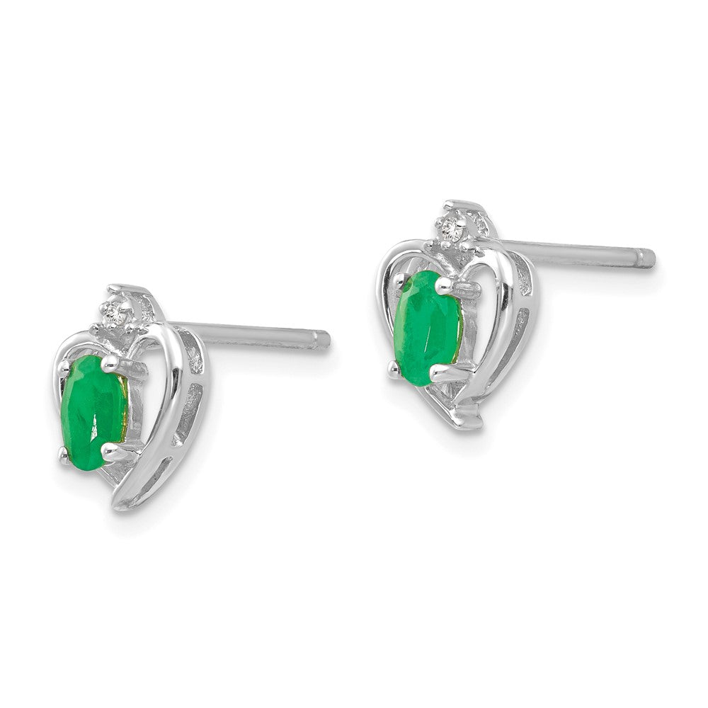 14k White Gold 5x3 Oval May/Emerald and Diamond Heart Earrings
