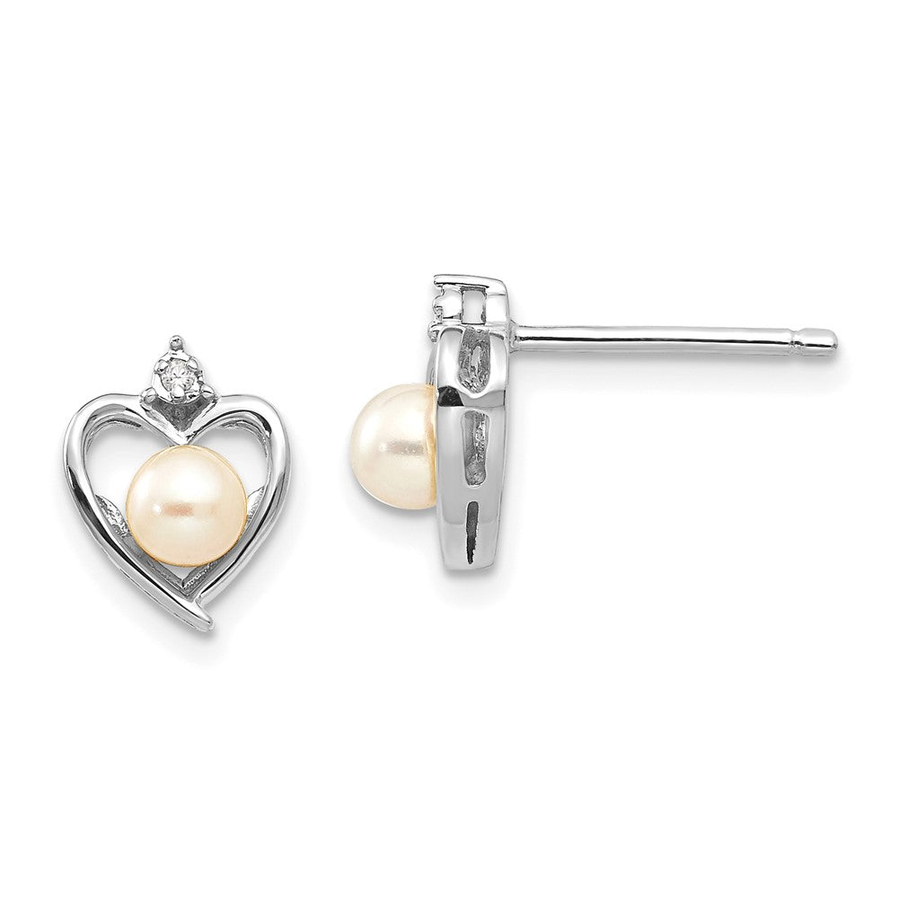 14k White Gold June/Freshwater Cultured Pearl and Diamond Heart Earrings