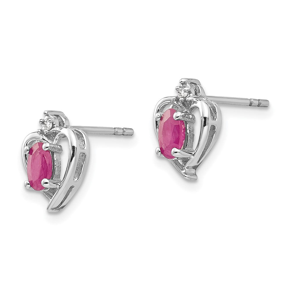 14k White Gold 5x3 Oval July/Ruby and Diamond Heart Earrings
