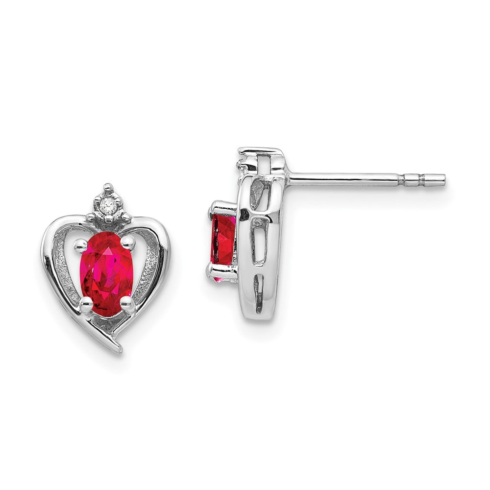 14k White Gold 5x3 Oval July/Ruby and Diamond Heart Earrings