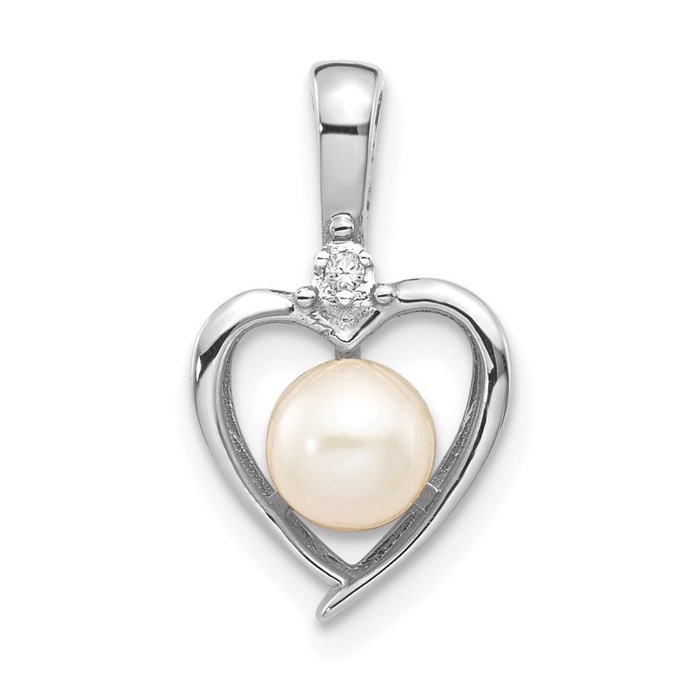 14k White Gold June/Freshwater Cultured Pearl and Diamond Heart Pendant