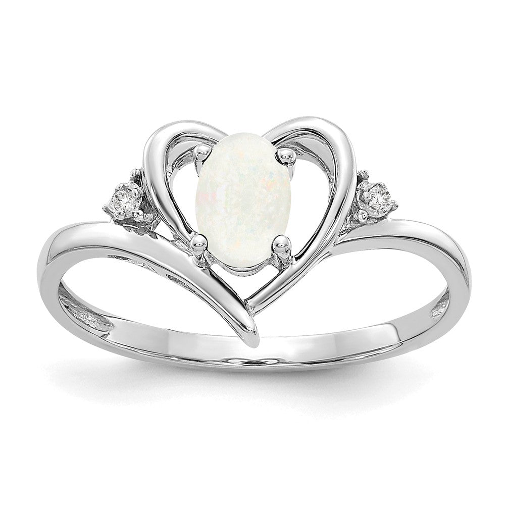 14k White Gold 6x4 Oval October/Opal and Diamond Heart Ring