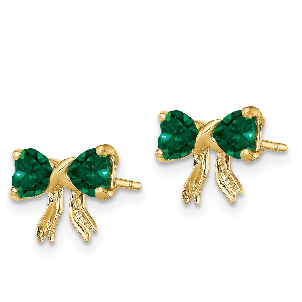 14k Gold Polished Created Emerald Bow Post Earrings