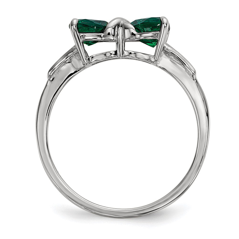 14k White Gold Polished Created Emerald Bow Ring