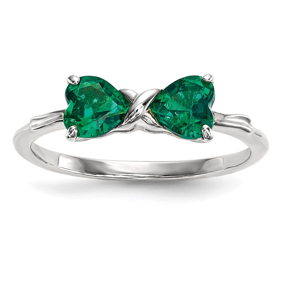 14k White Gold Polished Created Emerald Bow Ring