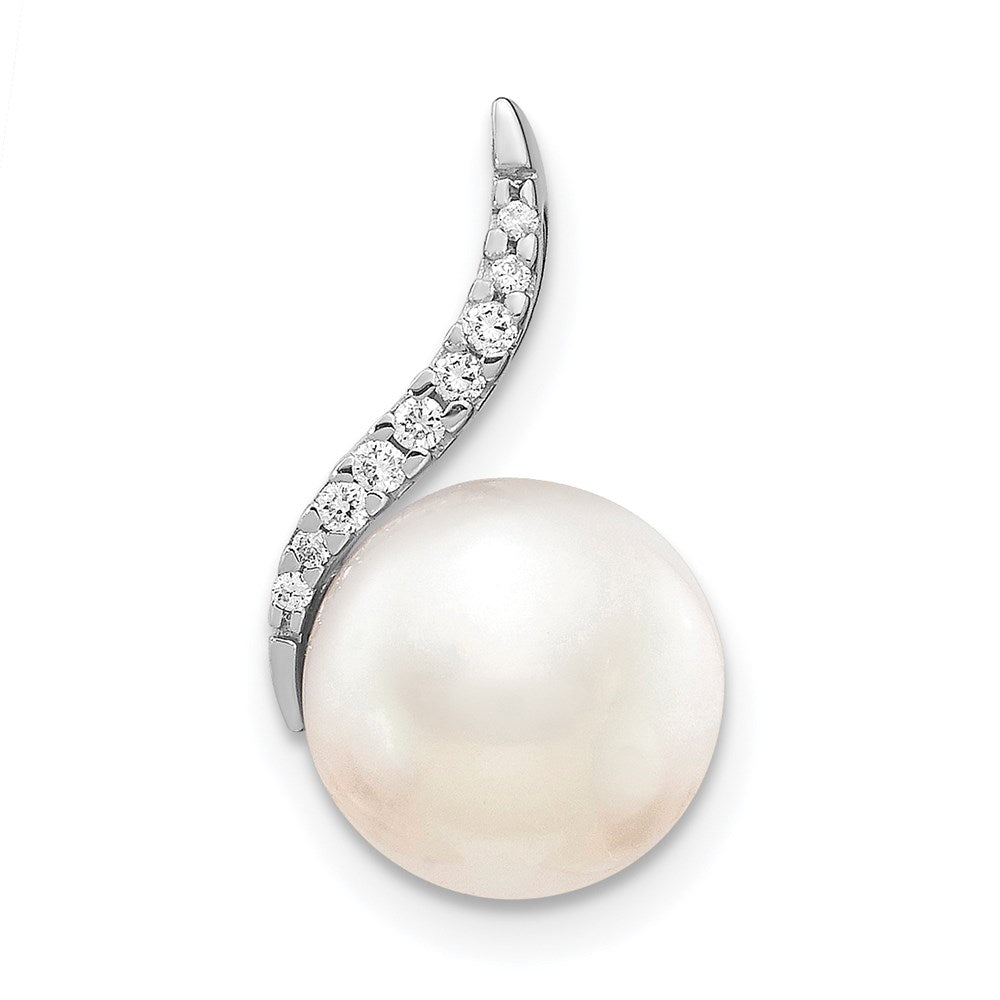 14k White Gold 9- White Button FWC Pearl and Diamond Pendant