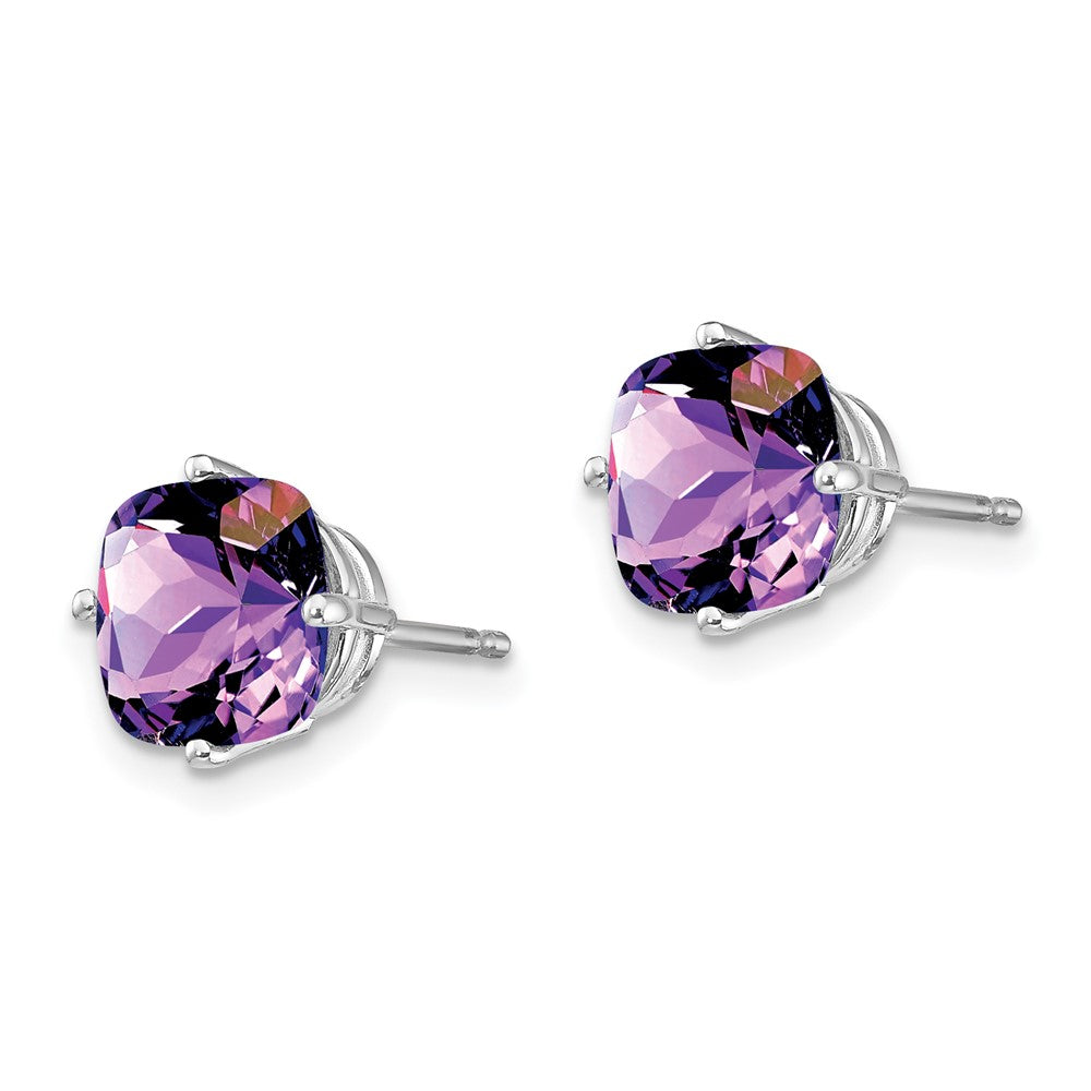 14k White Gold Cushion Amethyst Checkerboard Post Earrings