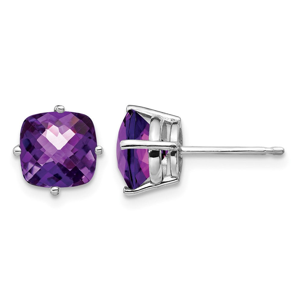 14k White Gold Cushion Amethyst Checkerboard Post Earrings