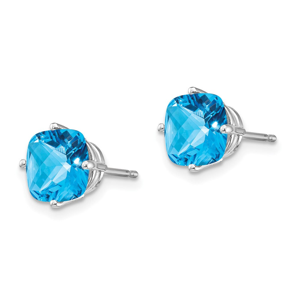 14k White Gold Cushion Blue Topaz Checkerboard Post Earrings