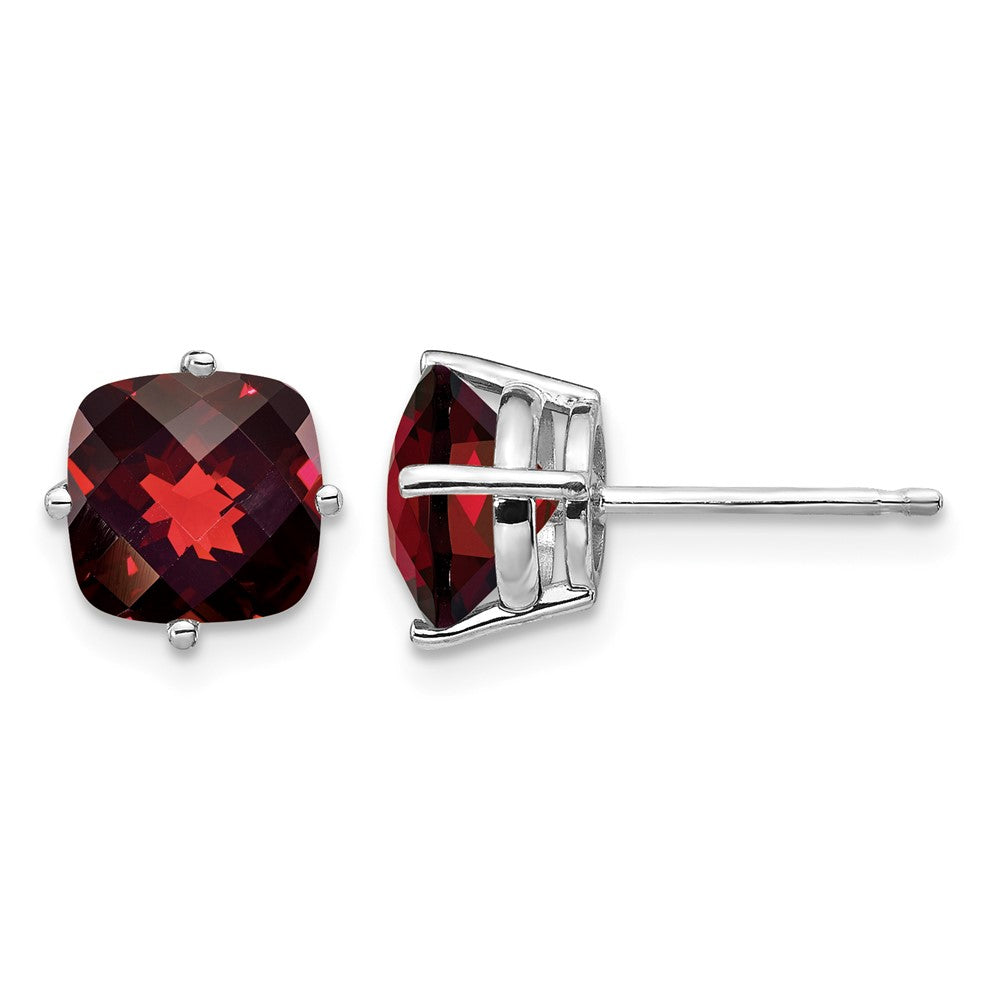 14k White Gold Cushion Garnet Checkerboard Post Earrings
