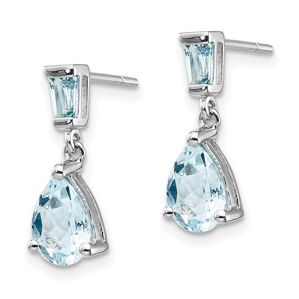 14k White Gold 7x Pear and Baguette Aquamarine Dangle Post Earrings