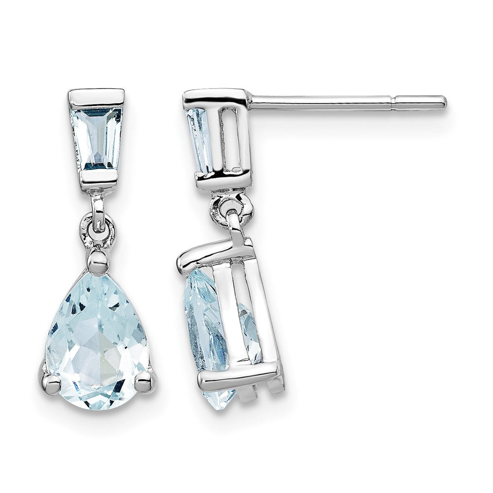 14k White Gold 7x Pear and Baguette Aquamarine Dangle Post Earrings