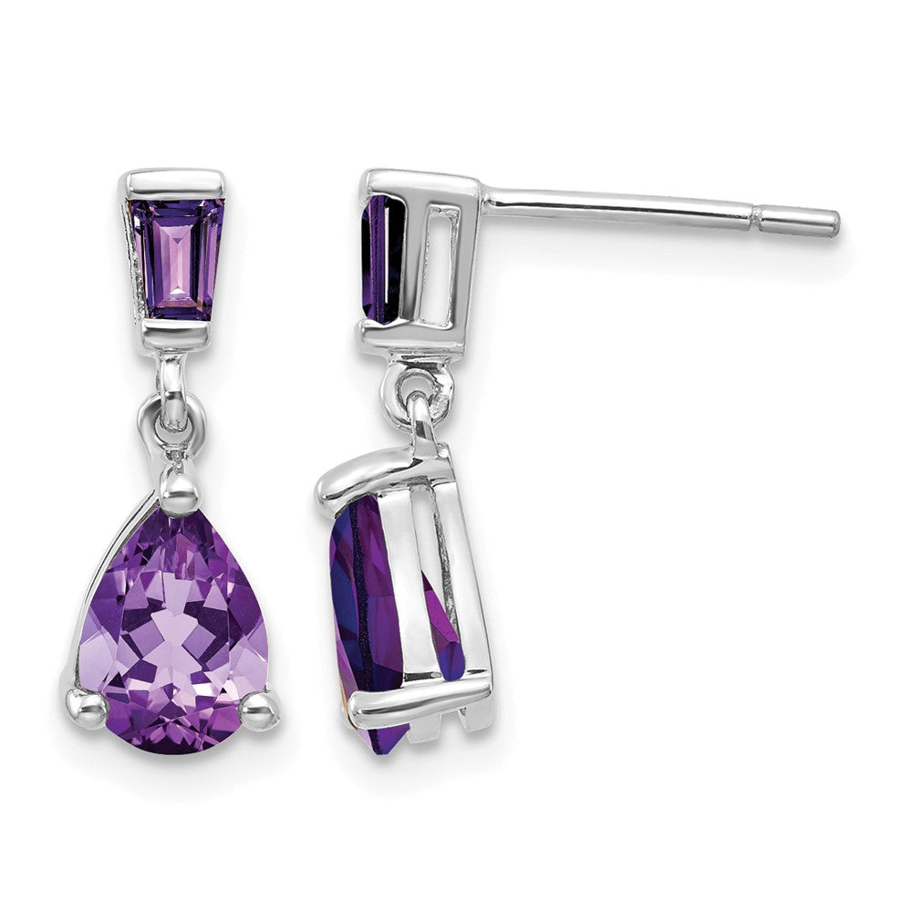 14k White Gold Pear/Baguette Amethyst Dangle Post Earrings