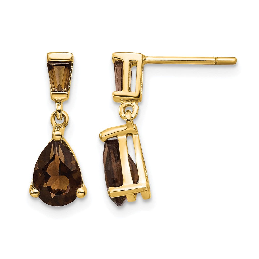 14k Pear/Baguette Smoky Quartz Dangle Post Earrings