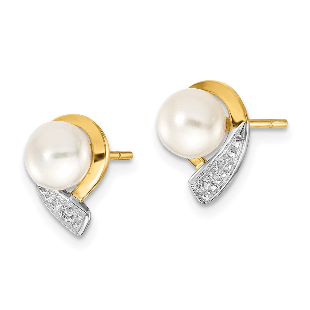 14k 5- White Button Freshwater Cultured Pearl and .01 carat Diamond Post Earrings
