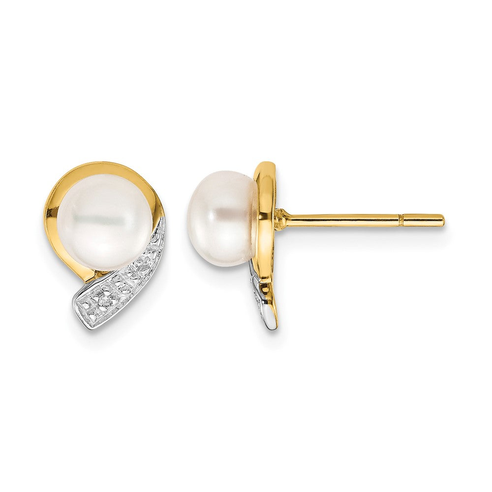 14k 5- White Button Freshwater Cultured Pearl and .01 carat Diamond Post Earrings