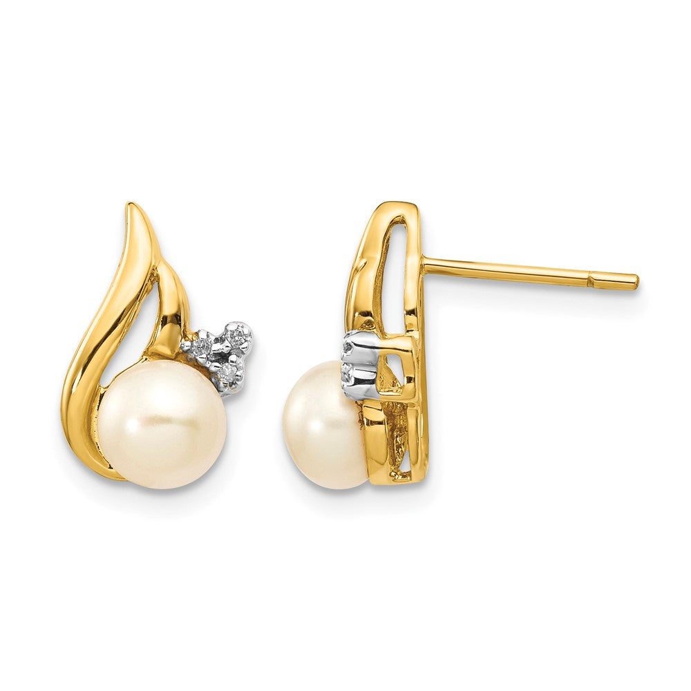 14k and White Rhodium 5- White Button Freshwater Cultured Pearl and .02 carat Diamond Post Earrings