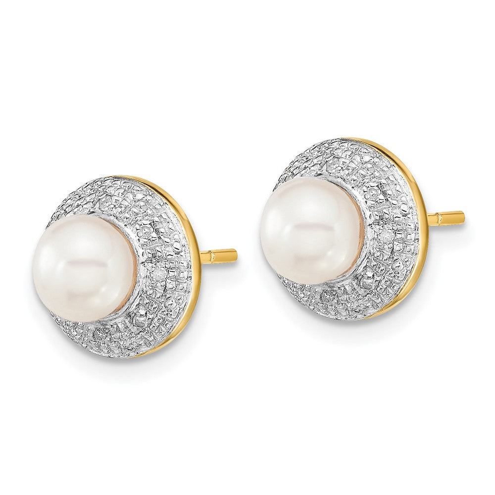 14k and White Rhodium 5- White Button Freshwater Cultured Pearl and .05 carat Diamond Post Earrings