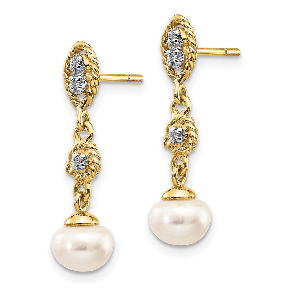 14k and White Rhodium 6- Semi-round White Freshwater Cultured Pearl and .02 carat Diamond Dangle Post Earrings