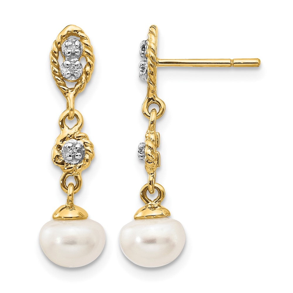 14k and White Rhodium 6- Semi-round White Freshwater Cultured Pearl and .02 carat Diamond Dangle Post Earrings