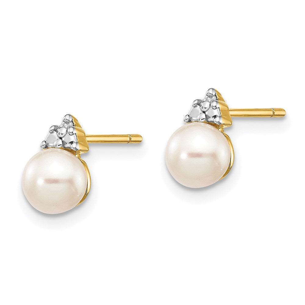14k 5- White Round Freshwater Cultured Pearl and .01 carat Diamond Post Earrings