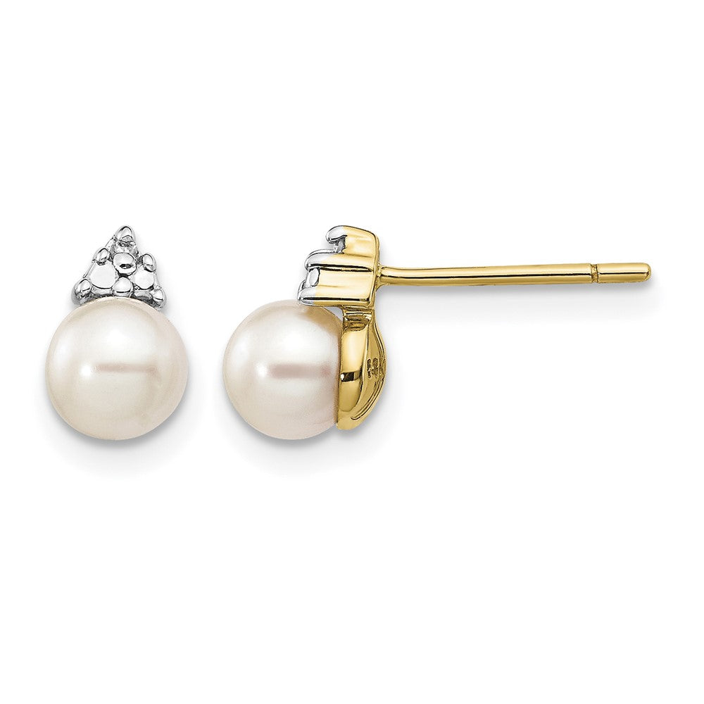 14k 5- White Round Freshwater Cultured Pearl and .01 carat Diamond Post Earrings