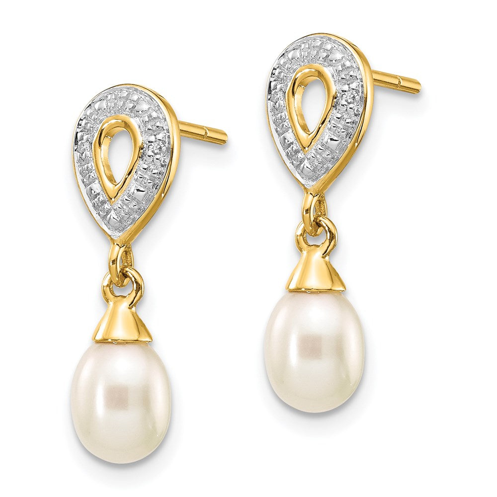 14k 7x White Teardrop Freshwater Cultured Pearl and .01 carat Diamond Dangle Post Earrings