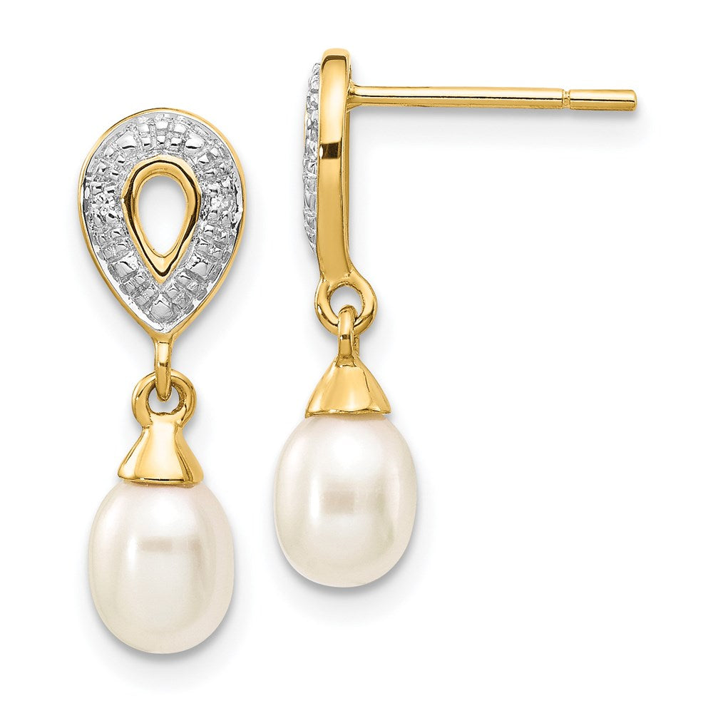 14k 7x White Teardrop FWC Pearl .01ct Diamond Dangle Earrings