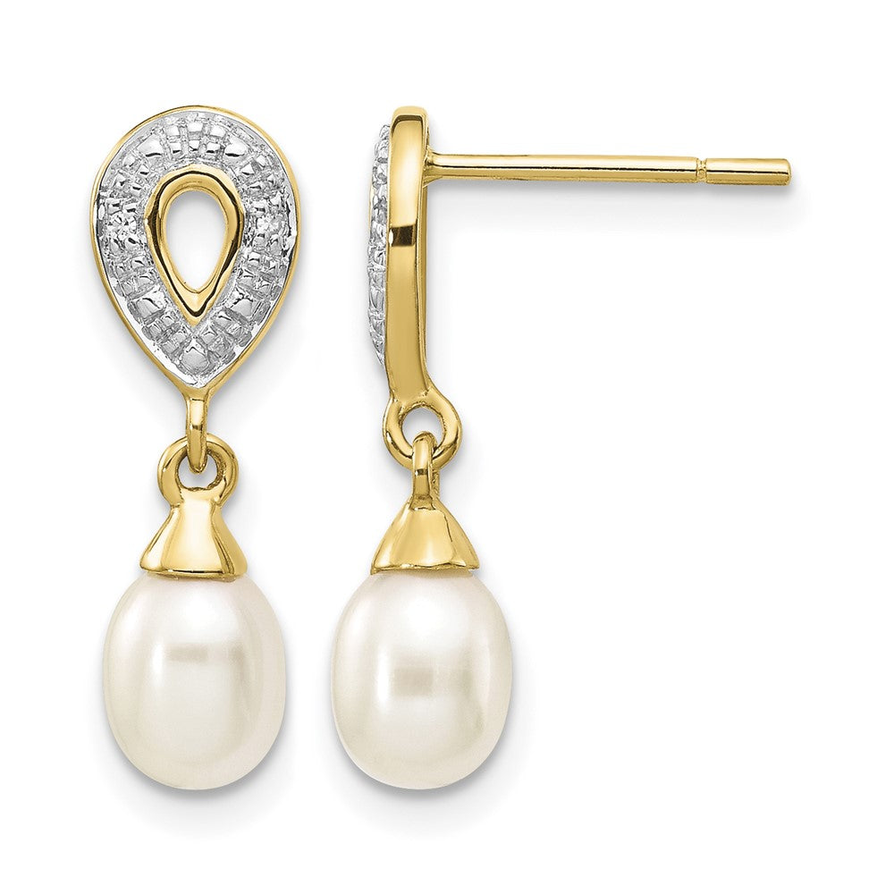 14k 7x White Teardrop Freshwater Cultured Pearl and .01 carat Diamond Dangle Post Earrings