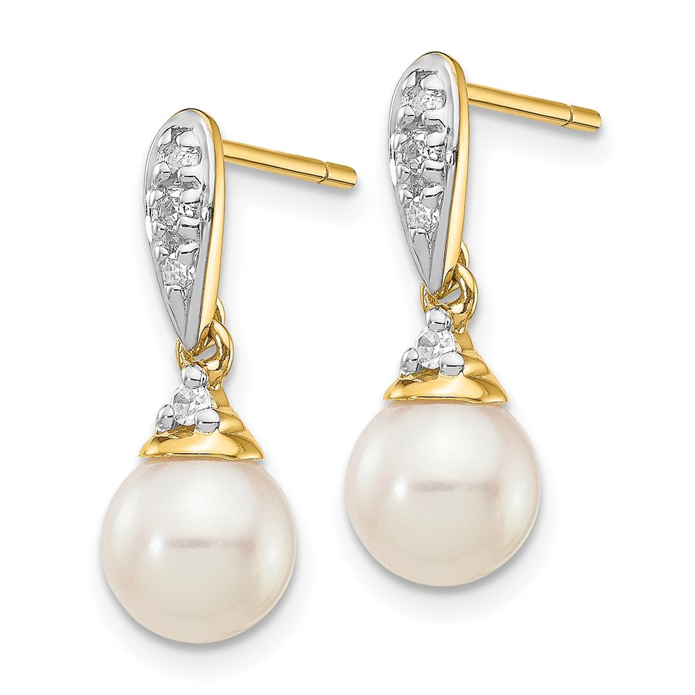 14k 6- White Round Freshwater Cultured Pearl and .08 carat Diamond Dangle Post Earrings
