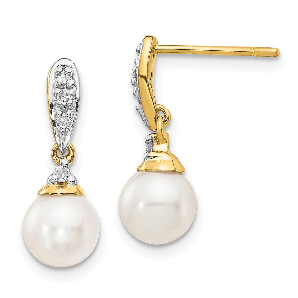 14k 6- White Round FWC Pearl .08ct Diamond Dangle Earrings
